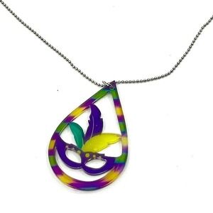 VTG Mardi Gras Masquerade Mask Pendant Necklace Purple Green Yellow Teardrop Y2K